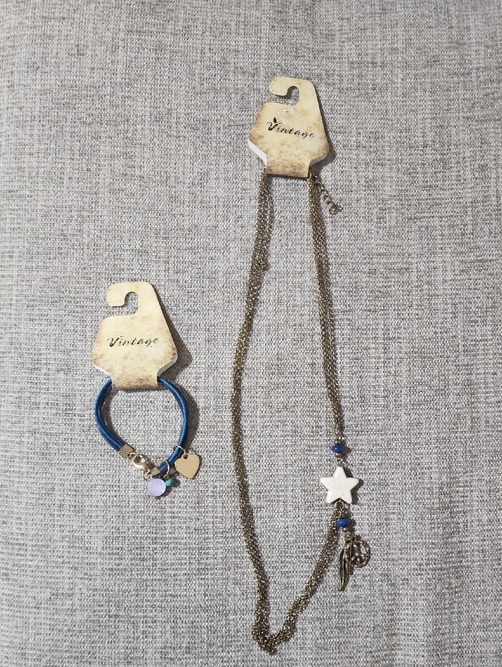 Vintage Blue Bracelet with Gold Star Pendant Necklace And Heart Bracelet Set